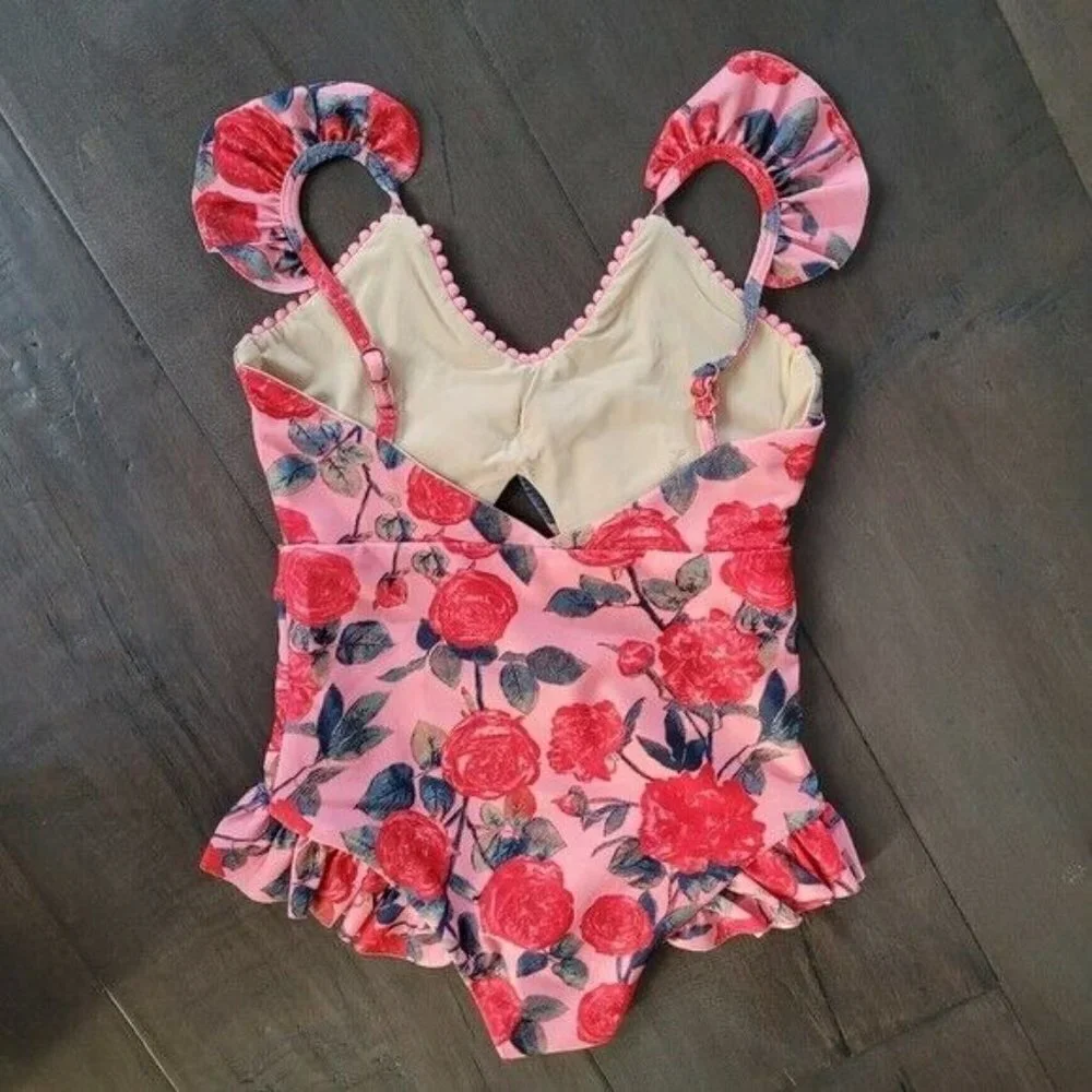 NWT JOYFOLIE Mia Joy Girls Marina one piece pink red floral swimsuit 3T
